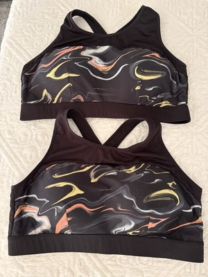 (2) Crane Sports Bra XL Padded Wire-Free Black Abstract Print Athletic Gym Yoga