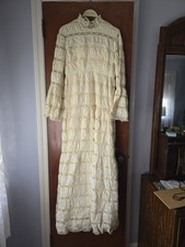 Vintage Ivory Lace Wedding Gown Ruffle Puckered Accent High Neck Long Sleeve