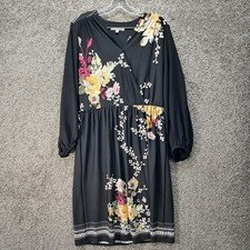 Studio One New York Womens Floral Faux Wrap Midi Dress Black Long Sleeve Large