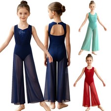 Girls Lyrical Dance Figure Ice Skating Costume Jumpsuit Sequins Gymnastics