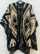 Black Tan Southwest Aztec Print Poncho Wrap Shawl