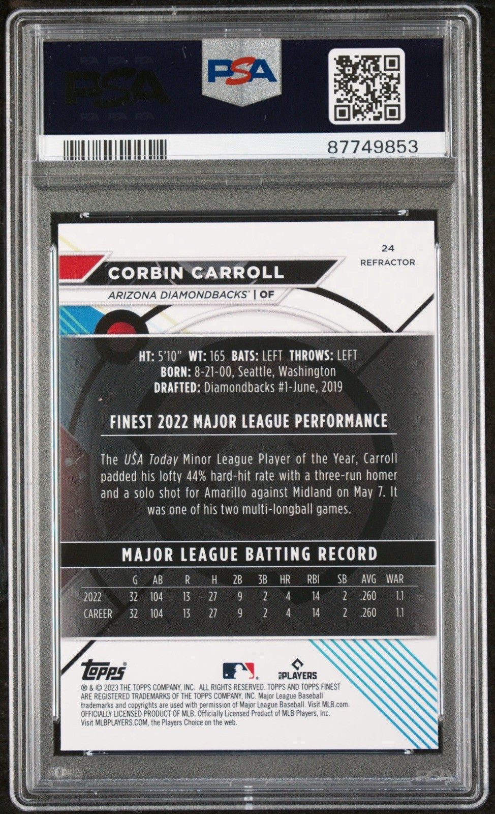 2023 Finest Refractor #24 Corbin Carroll RC PSA 10 GEM MINT view 2
