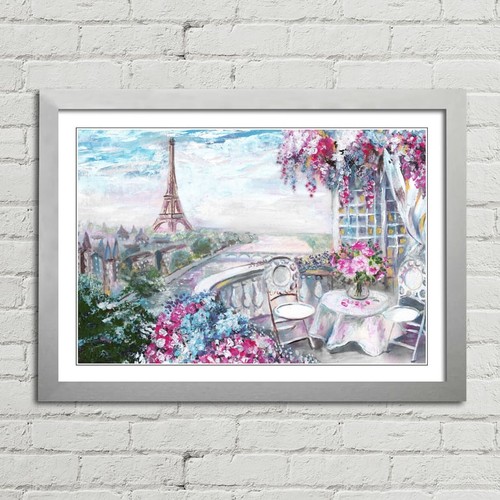 Paris Balcony Eiffel Tower Oil Painting Canvas Framed Print Picture Wall Art - Picture 10 of 29