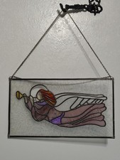 Vintage Leaded Stained Glass Suncatcher Angel & Trumpet Panel 12 1/4"X6 7/8&rdquo;