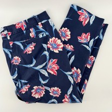 Lands End Womens 8P Straight Leg Floral Ankle Pants Navy Blue Red White Stretch