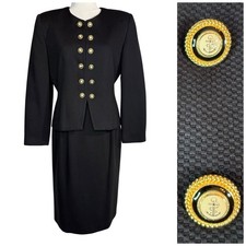 Vintage Oleg Cassini Black Blazer Jacket Skirt Set 8 Office Suit Gold Button