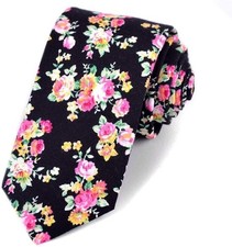 Men's Black Floral Cotton Skinny Tie 2.5" Wedding Necktie Spring Summer Floral