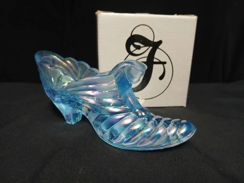 Fenton Blue Iridescent Glass Shoe Figurine Decorative Handmade with Box