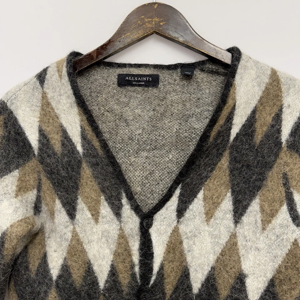 Suéter cárdigan tejido Allsaints XXL negro/marrón/gris lana argyle/alpaca para mujer Foto 2 de 4