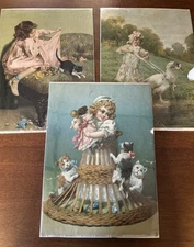 Antique German Chromolithograph Poster Prints (3) Children Animals Lithograph