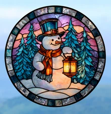Snowman Faux Stained-Glass WINDOW CLING Sun-catcher Size 8" Round Vinyl