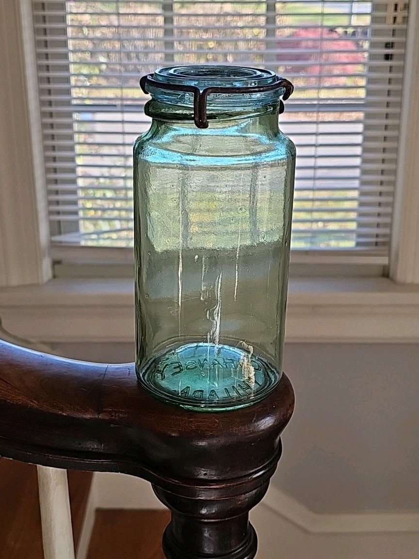 Apple green Cohansey fruit canning jar tall cylinder quart aqua wire lid Mason