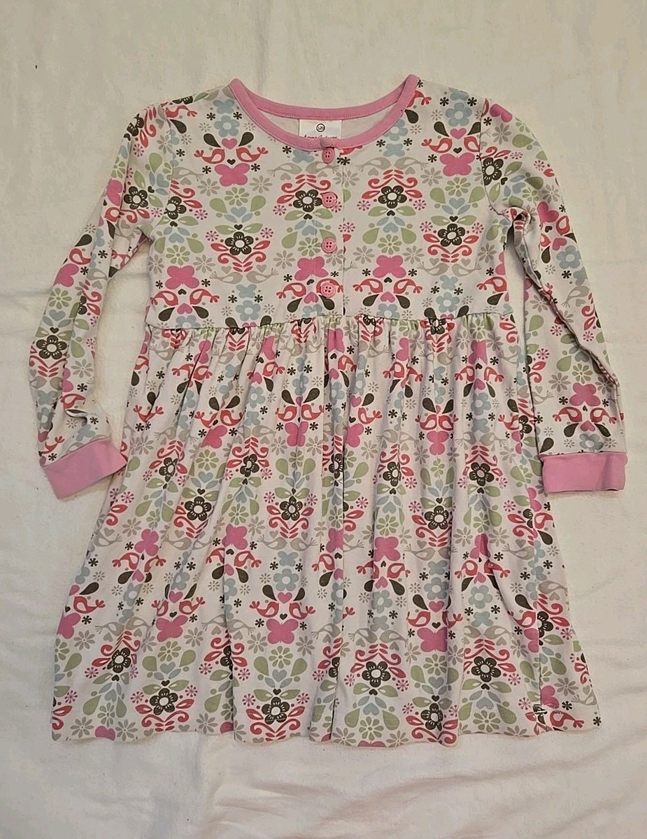 Hanna Andersson Girl's Size 120 6-7 Pink Cream Birds Heart Long Sleeve Dress  | eBay