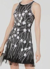 $340 Adrianna Papell Womens Black Embellished Mesh Sleeveless Sheath Dress Sz 10