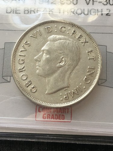 1942 , Coin Mart Graded Canadian 50 Cent, **VF-30**Die Break Through 2 - Picture 3 of 10
