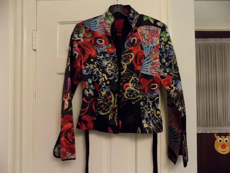 JS Collections BOLD Black Red Jacket Silk Oriental Asian Floral Mandarin Tie 6 - Image 3 of 4