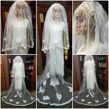 VTG Bridal Wedding Veil 2Tier Cathedral Lgth Tulle Old Lace White Appliques