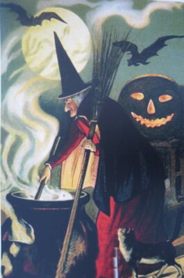vintage art HALLOWEEN print, Black Cat, Bat, WITCH FULL MOON Jack o ...