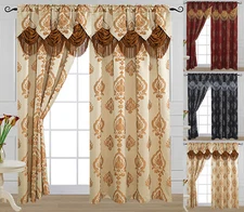 Alexa Luxury Jacquard Curtain Panel with Attached Waterfall Valance 54" X 84"
