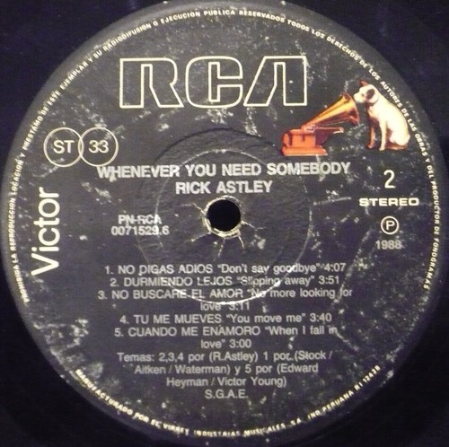 RICK ASTLEY Whenever You Need Somebody LP from PERU Pop Soul - Picture 4 of 4