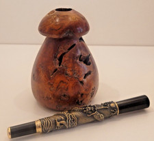 BURL WOOD Art Vase Hand Turned Pen Holder Mushroom-like MCM Rustic Signed 4"H
