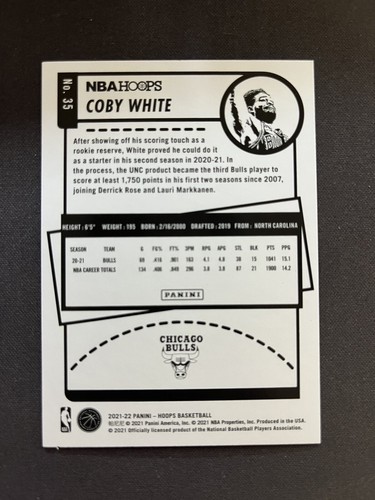 2021-22 Panini NBA Hoops COBY WHITE Blue Parallel #35 Chicago Bulls Basketball - Picture 2 of 2