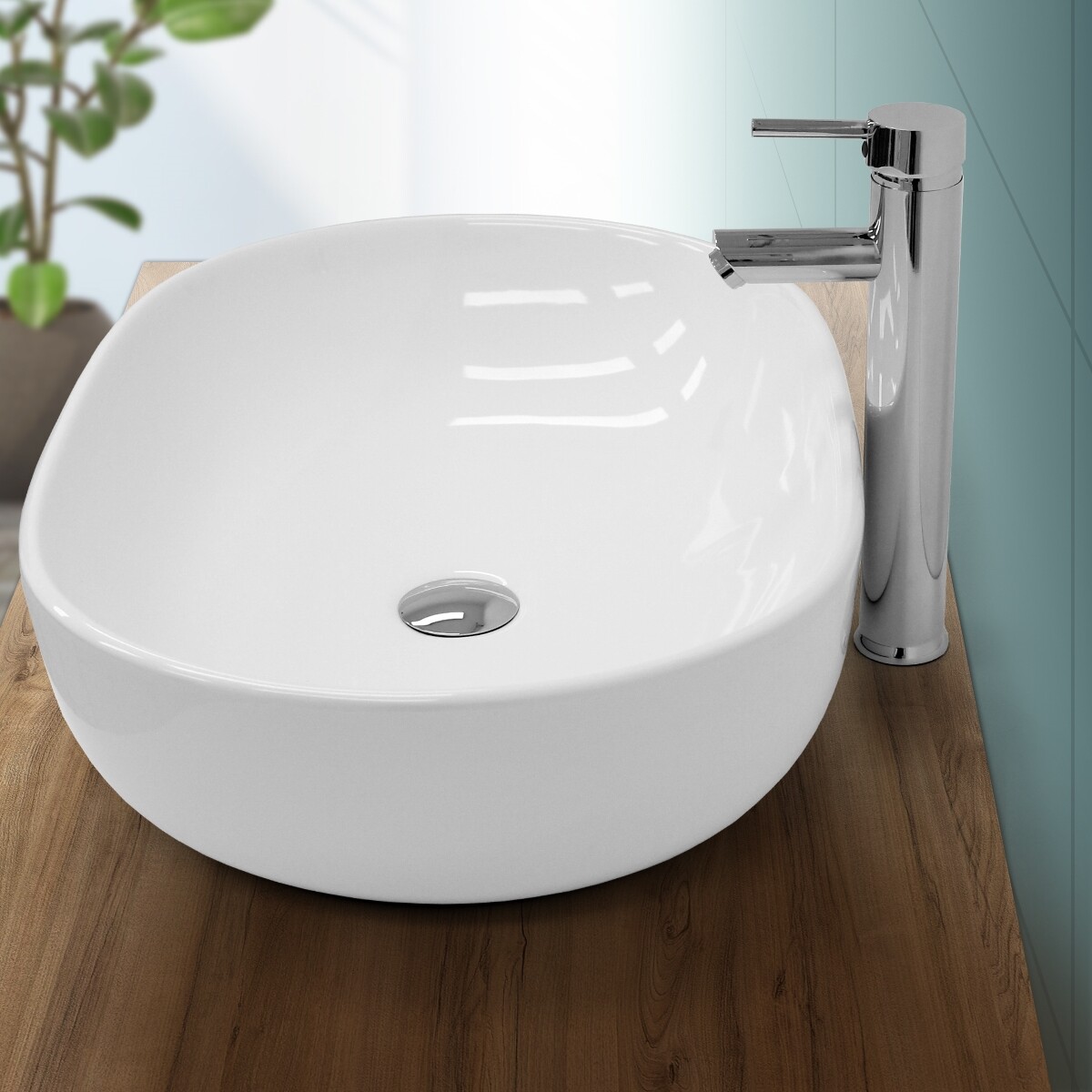 Lavabo de baño lavadero sobremesa fregadero encimera ceramico blanco 600x420 mm