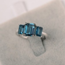 Natural London Blue Topaz Ring 925 Sterling Silver 3 Emerald Cut Stone Ring