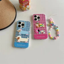 Shine dazzle grid iphone15 case cute dachshund design and multicolor bead strap