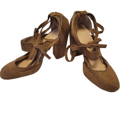 Women's Block Heels Sandals Closed Toe Shoes Strappy Pumps Tan Suede Wrap  EU 39