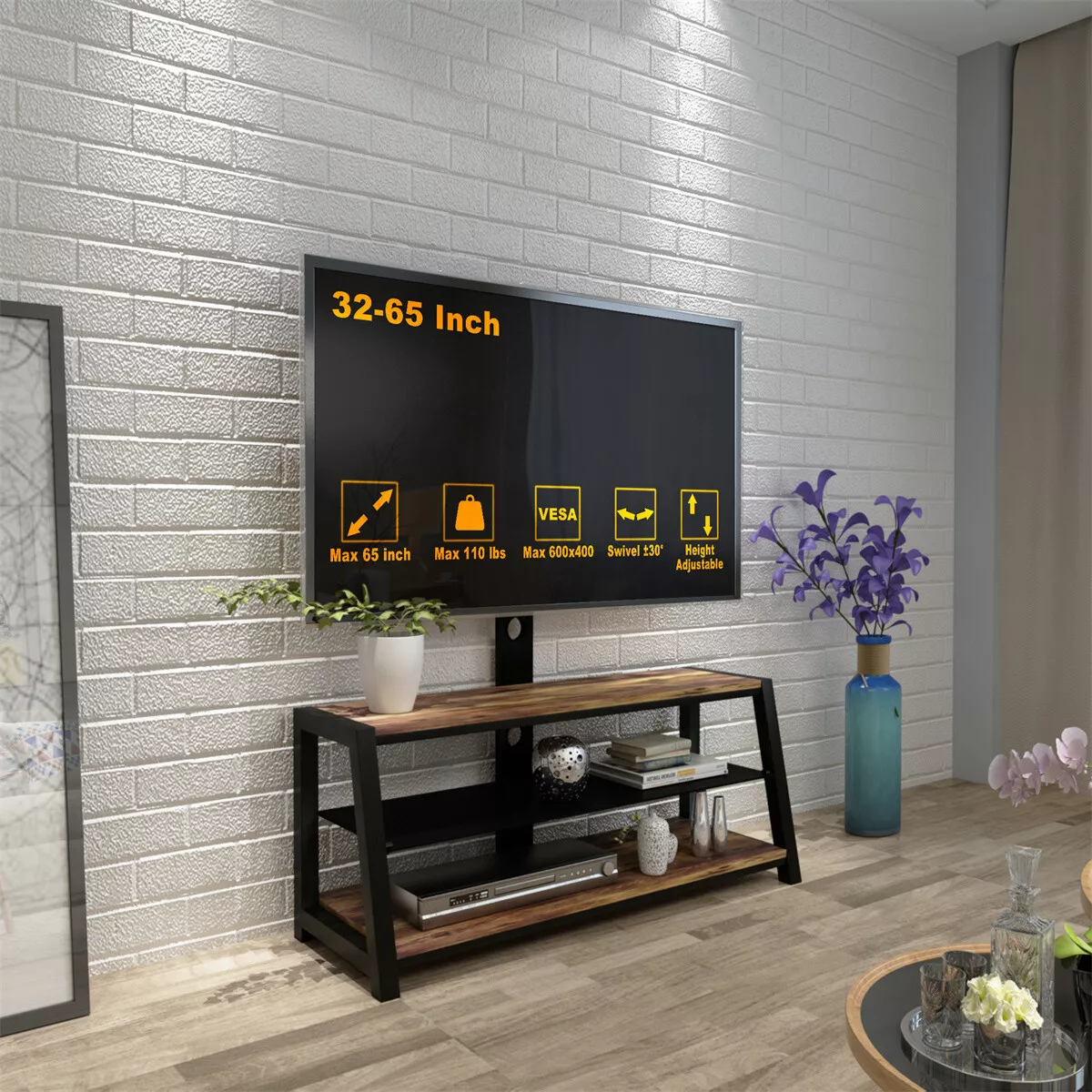 Floor TV Stand Table w/ Swivel Mount 3-Tier Wood Glass Shelf for 32 - 65 inch TV