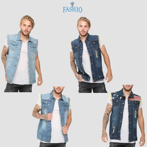 Men's Denim Vest Ripped Jean Coat 