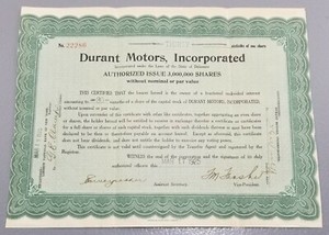 VINTAGE 1925 DURANT MOTORS, INC. FRACTIONAL EMPLOYEE STOCK CERTIFICATE 30/60