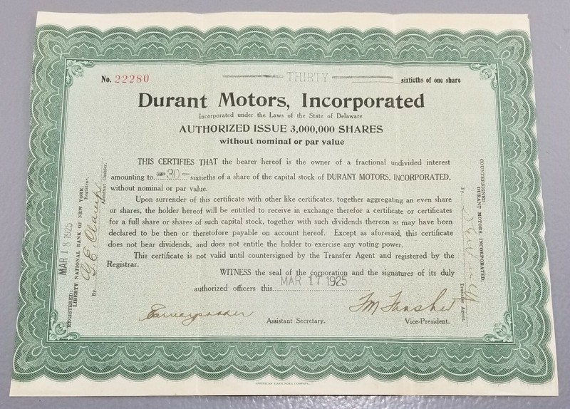 VINTAGE 1925 DURANT MOTORS, INC. FRACTIONAL EMPLOYEE STOCK CERTIFICATE 30/60