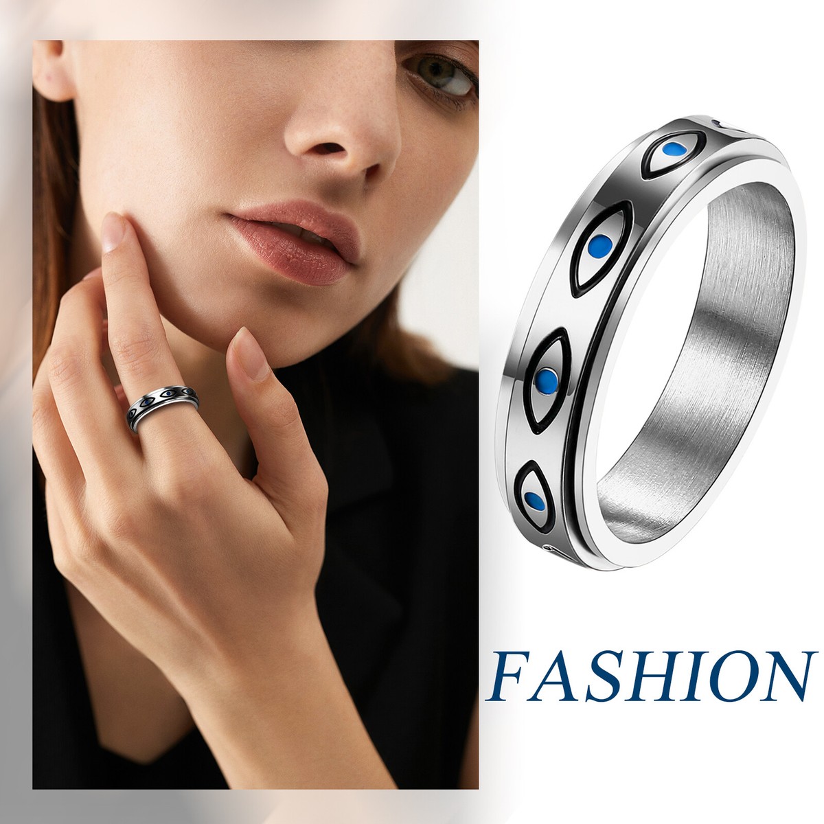 eyeリング Ginger Lyne Collection: Blue Stainless Steel Evil Eye Ring