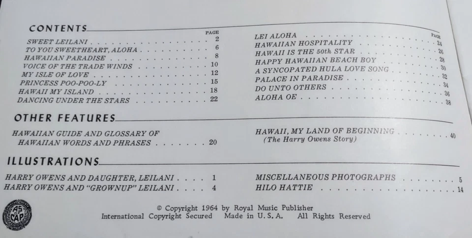哈里·欧文斯亲笔签名 - 夏威夷歌曲 - 作曲家和乐队领队乐谱 — 第 3/4 张图片