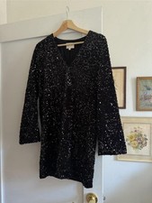 Sézane Black Sequin V-Neck Long Sleeve Mini Sheath Dress 34