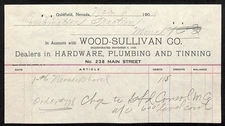 1909 Goldfield Nevada Wood-Sullivan Co. Hardware Billhead Receipt