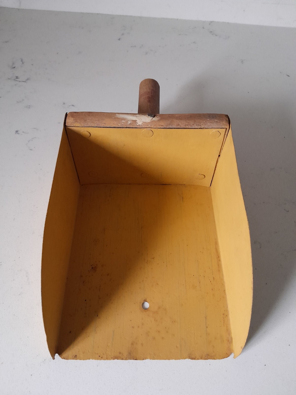 Antique Primitive Feed Scoop Yellow Metal with Aged Wooden Handle Farmhouse 