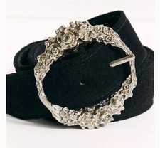Free People Sabine Belt XS/S Black Suede Floral Buckle Boho Gothic Cowgirl Chic