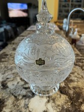 Vintage Zajecar Etched Crystal Round Ball Shaped With Footed Base 10  Tall