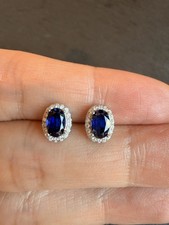Classic Oval Sapphire Stud Earrings, Lab Grown Blue Sapphire Halo Design S925