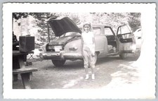 Vtg B&W Snapshot Girl By Studebaker Coupe Camping Sierras San Joaquin 1950s