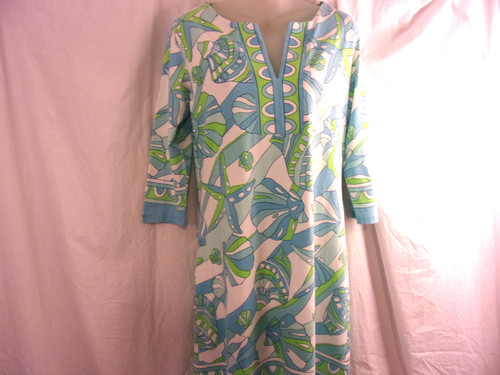 Barbara Gerwit Blue And Green Cotton Tunic Dress Shell Resort Wear L