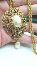 Victorian Revival Necklace Faux Mabe Pearl Filigree Pendant Brooch Gold Tn Chain