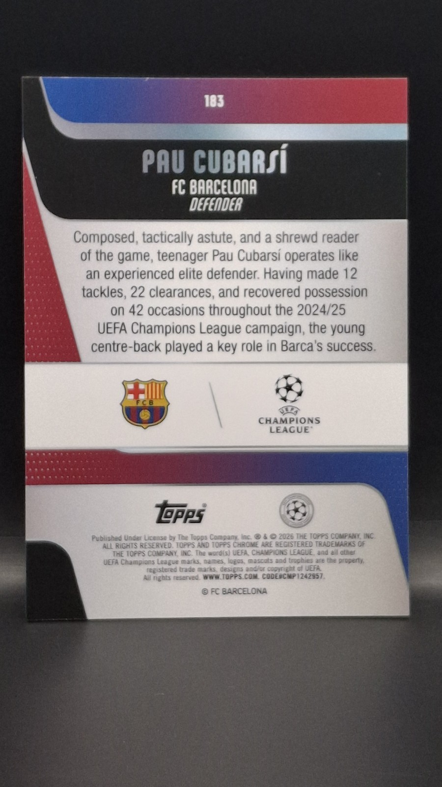 2025-26 Topps Chrome Sapphire UEFA CC Pau Cubarsí FC Barcelona #183 view 4