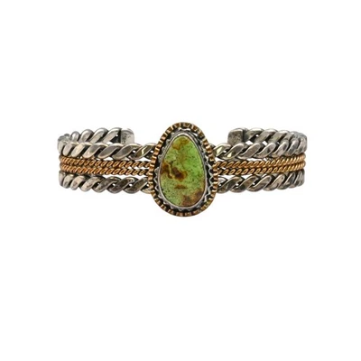VINTAGE SOUTHWESTERN GREEN TURQUOISE TWO TONE CUFF BRACELET GOLD FILL STERLING - Image 1 of 4