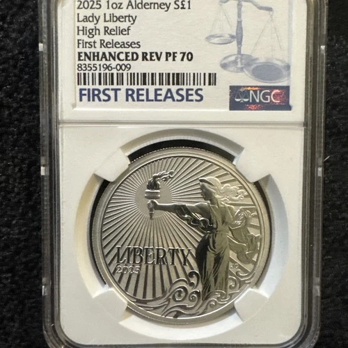 2025 Lady Liberty 1oz Alderny Silver Coin PF70 High Relief Beautiful Coin 