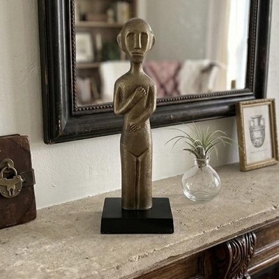 Modern Bronze Abstract Human Figurine Sm Resin Wood Base Tabletop Statue Decor