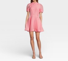 Antonio Melani Sz 12 Iris Linen Floral Appliqué Mockneck Short Sleeve Dress Pink